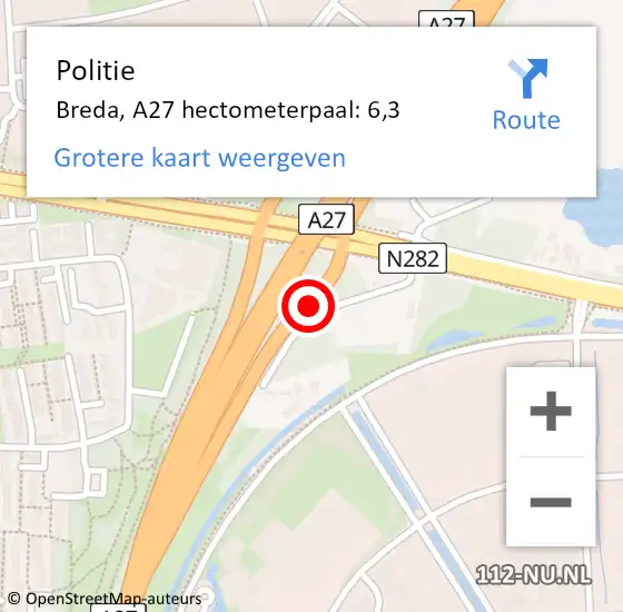 Locatie op kaart van de 112 melding: Politie Breda, A27 hectometerpaal: 6,3 op 17 januari 2023 15:02