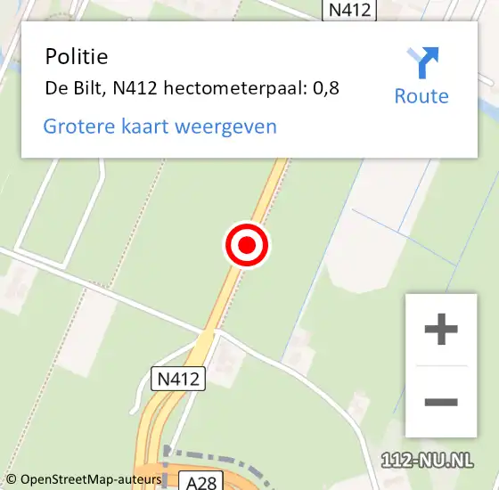 Locatie op kaart van de 112 melding: Politie De Bilt, N412 hectometerpaal: 0,8 op 17 januari 2023 16:22