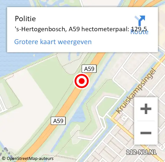 Locatie op kaart van de 112 melding: Politie Heusden, A59 hectometerpaal: 129,5 op 17 januari 2023 16:48