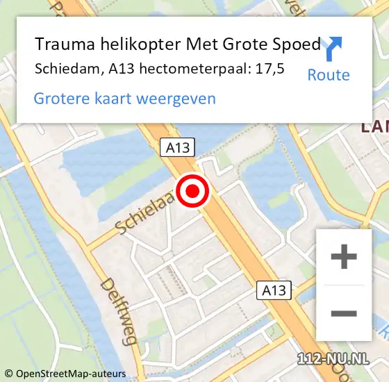 Locatie op kaart van de 112 melding: Trauma helikopter Met Grote Spoed Naar Schiedam, A13 hectometerpaal: 17,5 op 17 januari 2023 17:03