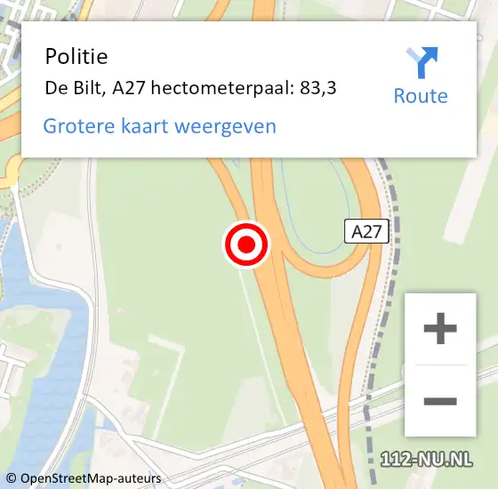 Locatie op kaart van de 112 melding: Politie De Bilt, A27 hectometerpaal: 83,3 op 17 januari 2023 17:52