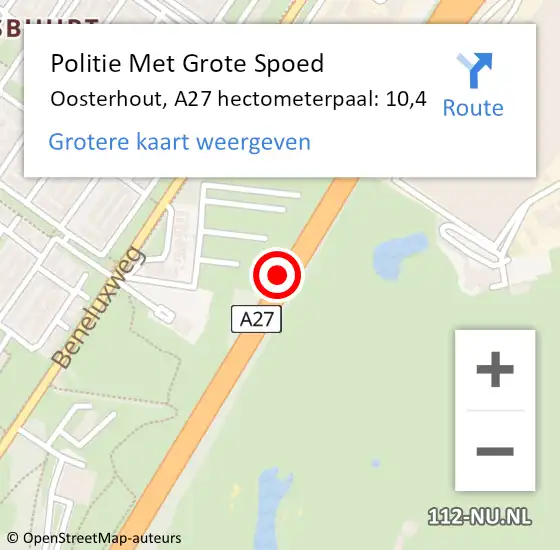 Locatie op kaart van de 112 melding: Politie Met Grote Spoed Naar Oosterhout, A27 hectometerpaal: 10,4 op 17 januari 2023 18:10