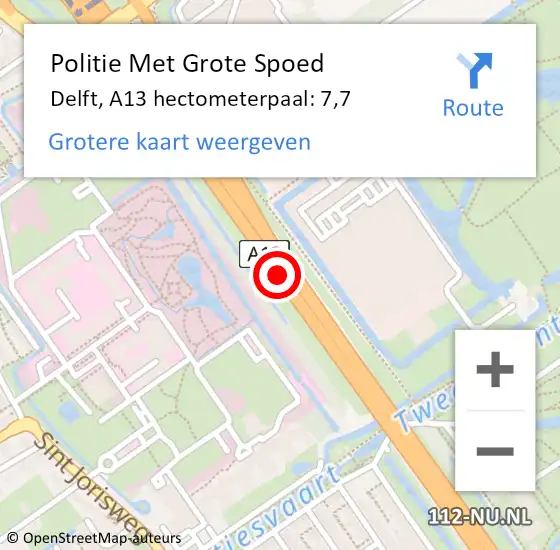 Locatie op kaart van de 112 melding: Politie Met Grote Spoed Naar Delft, A13 hectometerpaal: 7,7 op 17 januari 2023 18:32