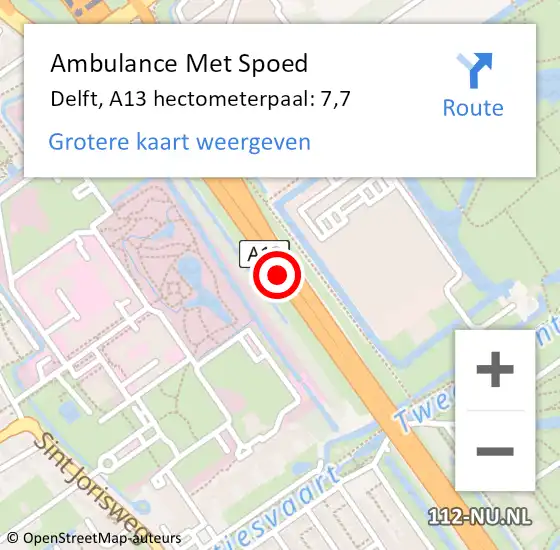 Locatie op kaart van de 112 melding: Ambulance Met Spoed Naar Delft, A13 hectometerpaal: 7,7 op 17 januari 2023 18:32
