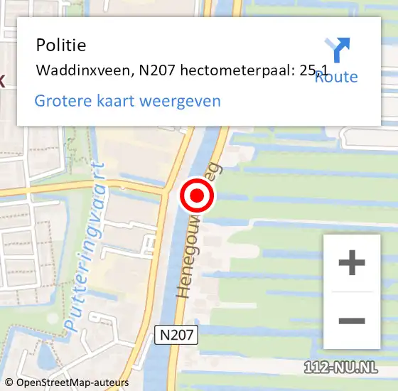 Locatie op kaart van de 112 melding: Politie Waddinxveen, N207 hectometerpaal: 25,1 op 17 januari 2023 19:16