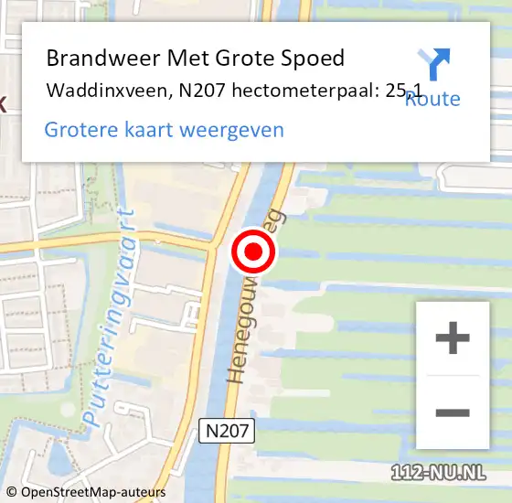 Locatie op kaart van de 112 melding: Brandweer Met Grote Spoed Naar Waddinxveen, N207 hectometerpaal: 25,1 op 17 januari 2023 19:16