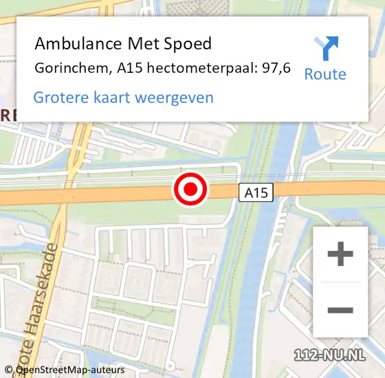 Locatie op kaart van de 112 melding: Ambulance Met Spoed Naar Gorinchem, A15 hectometerpaal: 97,6 op 17 januari 2023 21:13