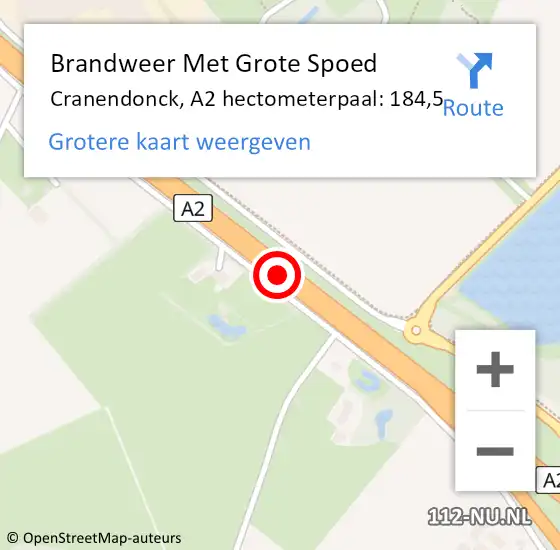 Locatie op kaart van de 112 melding: Brandweer Met Grote Spoed Naar Cranendonck, A2 hectometerpaal: 184,5 op 17 januari 2023 21:14