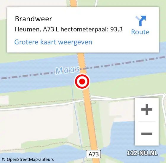 Locatie op kaart van de 112 melding: Brandweer Heumen, A73 L hectometerpaal: 93,3 op 12 augustus 2014 14:32