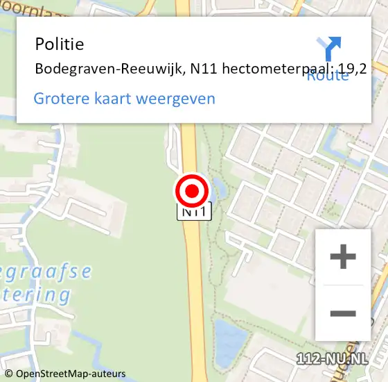 Locatie op kaart van de 112 melding: Politie Bodegraven-Reeuwijk, N11 hectometerpaal: 19,2 op 18 januari 2023 06:26