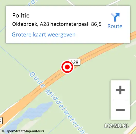 Locatie op kaart van de 112 melding: Politie Oldebroek, A28 hectometerpaal: 86,5 op 18 januari 2023 07:02