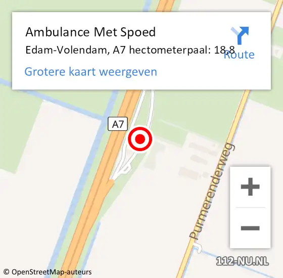 Locatie op kaart van de 112 melding: Ambulance Met Spoed Naar Edam-Volendam, A7 hectometerpaal: 18,8 op 18 januari 2023 08:13