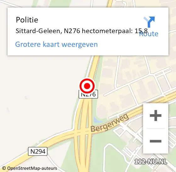 Locatie op kaart van de 112 melding: Politie Sittard-Geleen, N276 hectometerpaal: 15,8 op 18 januari 2023 08:16