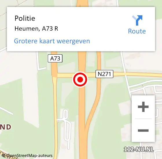 Locatie op kaart van de 112 melding: Politie Heumen, A73 R op 12 augustus 2014 15:01