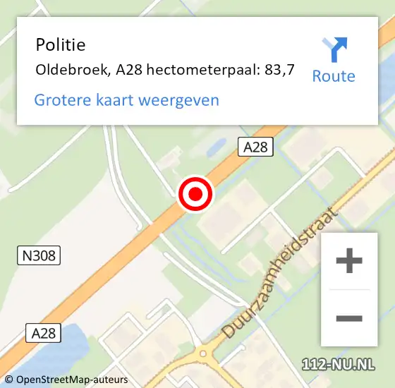 Locatie op kaart van de 112 melding: Politie Oldebroek, A28 hectometerpaal: 83,7 op 18 januari 2023 08:39