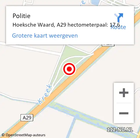 Locatie op kaart van de 112 melding: Politie Hoeksche Waard, A29 hectometerpaal: 17,6 op 18 januari 2023 09:47