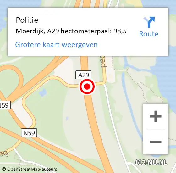 Locatie op kaart van de 112 melding: Politie Moerdijk, A29 hectometerpaal: 98,5 op 18 januari 2023 12:19