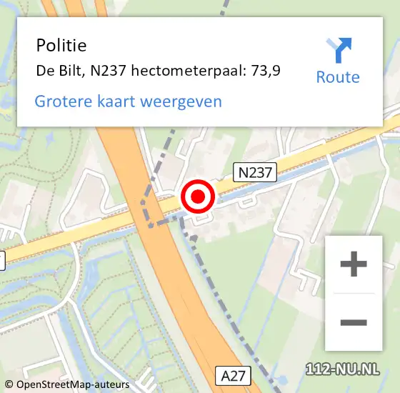 Locatie op kaart van de 112 melding: Politie De Bilt, N237 hectometerpaal: 73,9 op 18 januari 2023 13:36