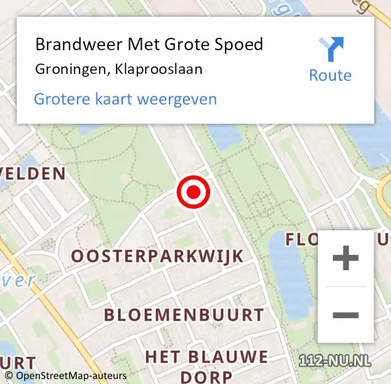 Locatie op kaart van de 112 melding: Brandweer Met Grote Spoed Naar Groningen, Klaprooslaan op 18 januari 2023 16:33