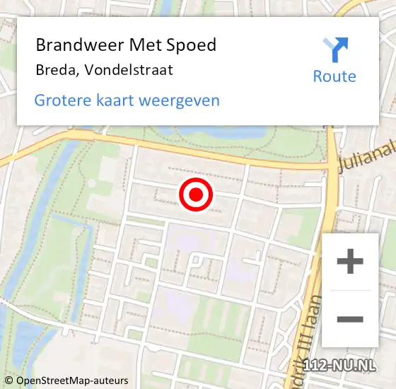 Locatie op kaart van de 112 melding: Brandweer Met Spoed Naar Breda, Vondelstraat op 18 januari 2023 17:56