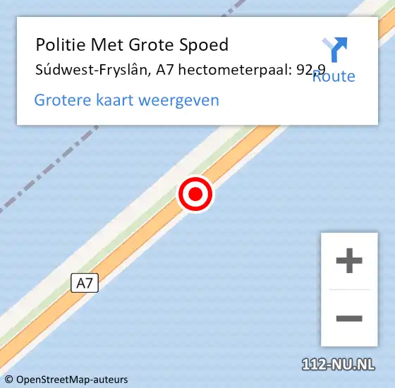 Locatie op kaart van de 112 melding: Politie Met Grote Spoed Naar Súdwest-Fryslân, A7 hectometerpaal: 92,9 op 18 januari 2023 19:14