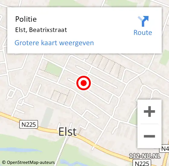 Locatie op kaart van de 112 melding: Politie Elst, Beatrixstraat op 18 januari 2023 20:52