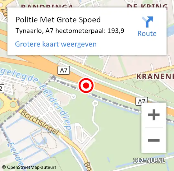 Locatie op kaart van de 112 melding: Politie Met Grote Spoed Naar Tynaarlo, A7 hectometerpaal: 193,9 op 19 januari 2023 03:35