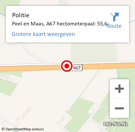 Locatie op kaart van de 112 melding: Politie Peel en Maas, A67 hectometerpaal: 55,6 op 19 januari 2023 06:03