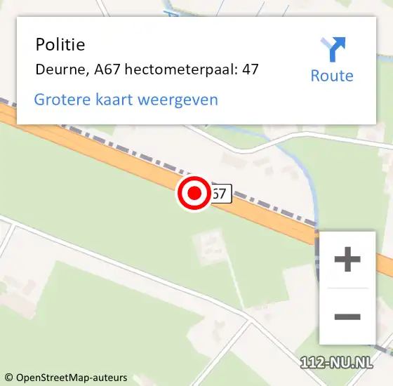 Locatie op kaart van de 112 melding: Politie Deurne, A67 hectometerpaal: 47 op 19 januari 2023 08:23