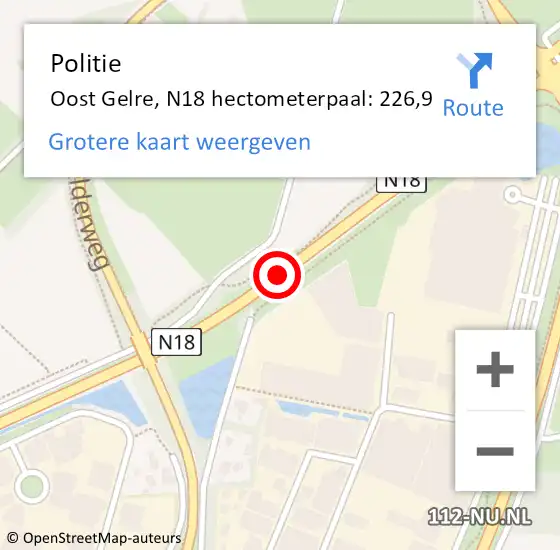 Locatie op kaart van de 112 melding: Politie Oost Gelre, N18 hectometerpaal: 226,9 op 19 januari 2023 11:12