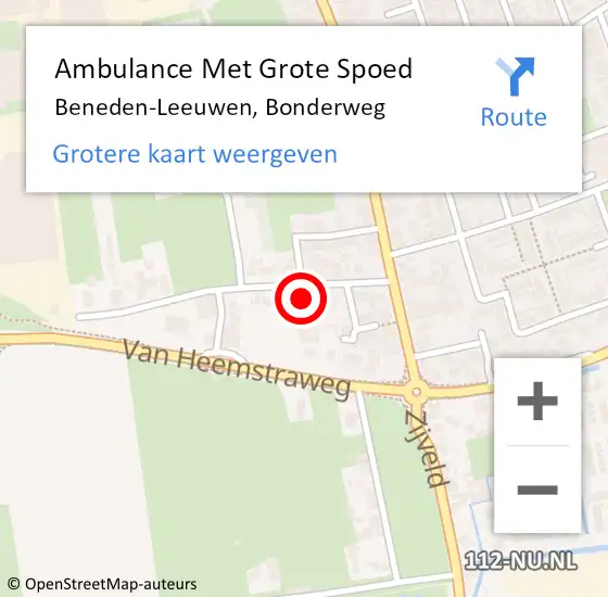 Locatie op kaart van de 112 melding: Ambulance Met Grote Spoed Naar Beneden-Leeuwen, Bonderweg op 19 januari 2023 12:17