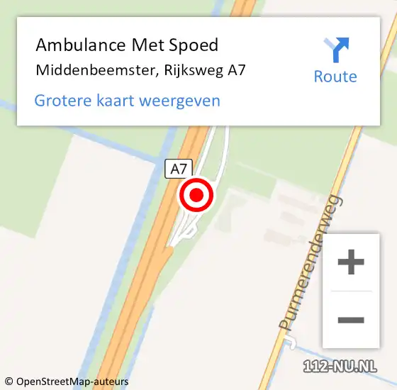 Locatie op kaart van de 112 melding: Ambulance Met Spoed Naar Middenbeemster, Rijksweg A7 op 19 januari 2023 14:24