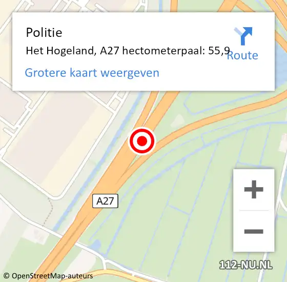 Locatie op kaart van de 112 melding: Politie Het Hogeland, A27 hectometerpaal: 55,9 op 19 januari 2023 14:47