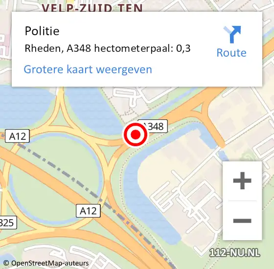 Locatie op kaart van de 112 melding: Politie Rheden, A348 hectometerpaal: 0,3 op 19 januari 2023 15:28