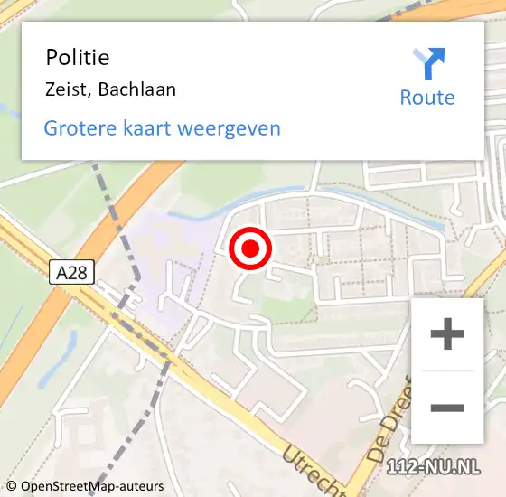 Locatie op kaart van de 112 melding: Politie Zeist, Bachlaan op 19 januari 2023 15:55