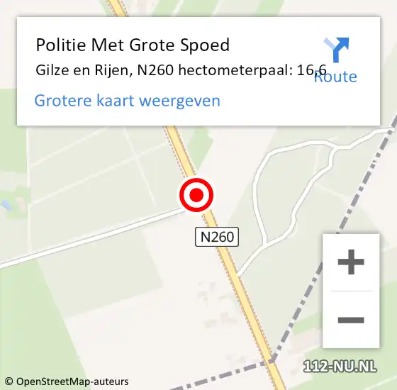 Locatie op kaart van de 112 melding: Politie Met Grote Spoed Naar Gilze en Rijen, N260 hectometerpaal: 16,6 op 19 januari 2023 16:46