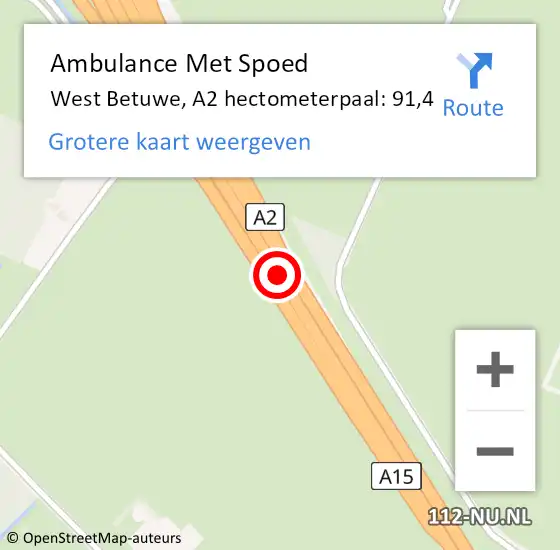 Locatie op kaart van de 112 melding: Ambulance Met Spoed Naar West Betuwe, A2 hectometerpaal: 91,4 op 19 januari 2023 17:59