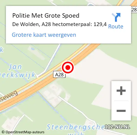 Locatie op kaart van de 112 melding: Politie Met Grote Spoed Naar De Wolden, A28 hectometerpaal: 129,4 op 19 januari 2023 18:27
