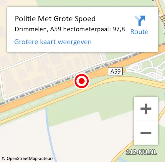 Locatie op kaart van de 112 melding: Politie Met Grote Spoed Naar Drimmelen, A59 hectometerpaal: 97,8 op 19 januari 2023 18:56