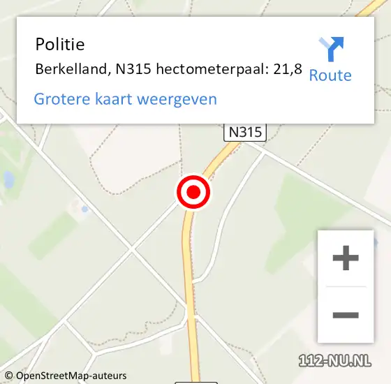 Locatie op kaart van de 112 melding: Politie Berkelland, N315 hectometerpaal: 21,8 op 19 januari 2023 19:31