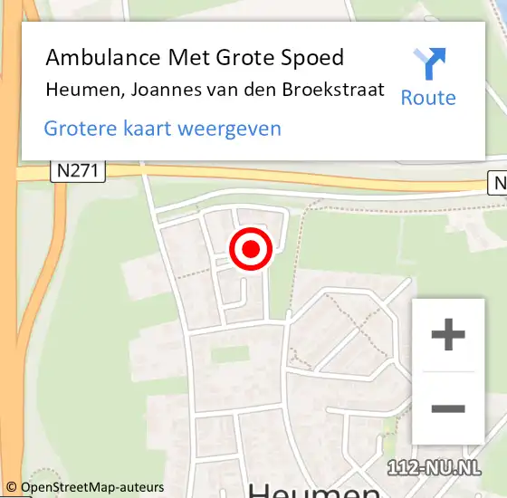 Locatie op kaart van de 112 melding: Ambulance Met Grote Spoed Naar Heumen, Joannes van den Broekstraat op 19 januari 2023 19:42