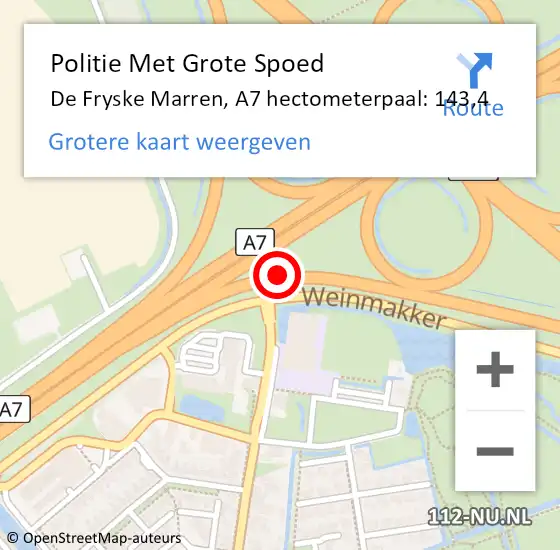 Locatie op kaart van de 112 melding: Politie Met Grote Spoed Naar De Fryske Marren, A7 hectometerpaal: 143,4 op 19 januari 2023 21:28