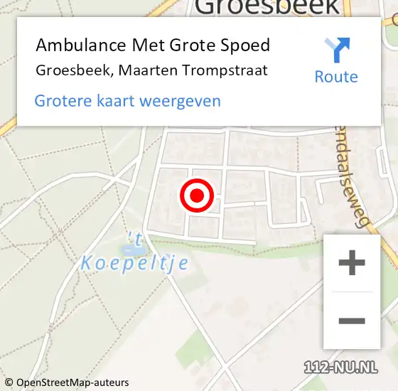 Locatie op kaart van de 112 melding: Ambulance Met Grote Spoed Naar Groesbeek, Maarten Trompstraat op 19 januari 2023 22:58