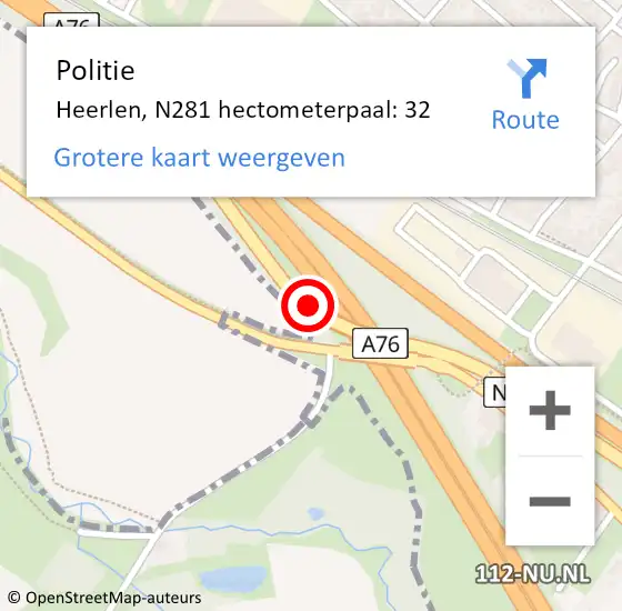 Locatie op kaart van de 112 melding: Politie Heerlen, N281 hectometerpaal: 32 op 20 januari 2023 01:04