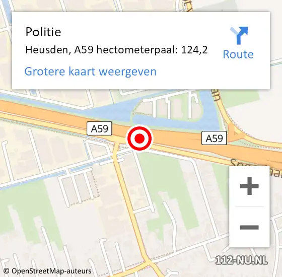 Locatie op kaart van de 112 melding: Politie Heusden, A59 hectometerpaal: 124,2 op 20 januari 2023 06:48