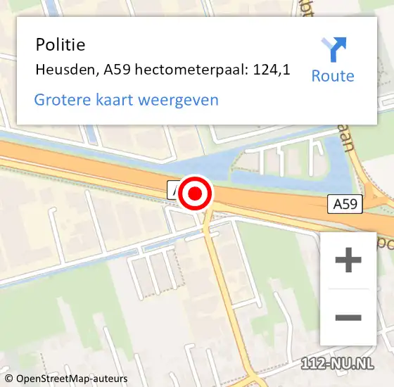 Locatie op kaart van de 112 melding: Politie Heusden, A59 hectometerpaal: 124,1 op 20 januari 2023 06:48