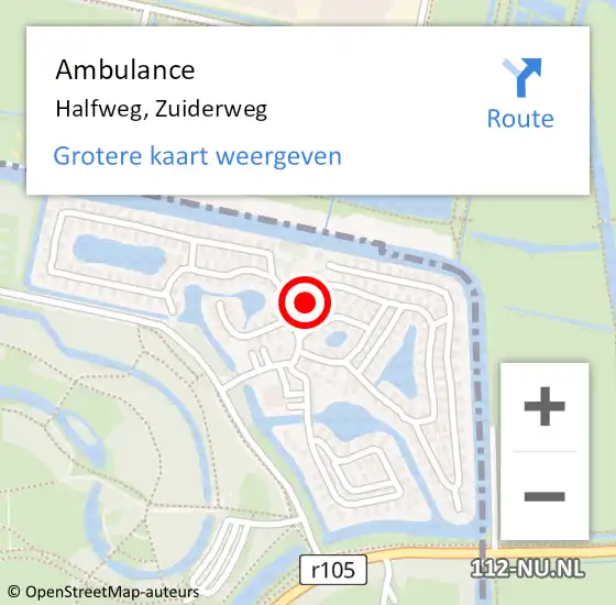 Locatie op kaart van de 112 melding: Ambulance Halfweg, Zuiderweg op 20 januari 2023 07:08