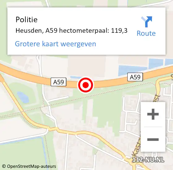 Locatie op kaart van de 112 melding: Politie Heusden, A59 hectometerpaal: 119,3 op 20 januari 2023 11:42