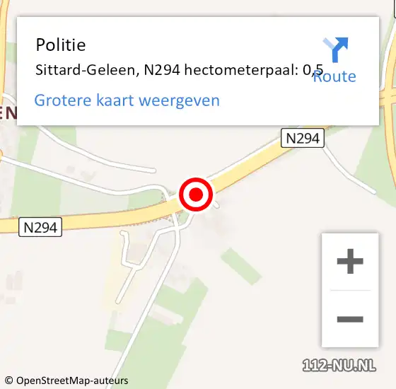 Locatie op kaart van de 112 melding: Politie Sittard-Geleen, N294 hectometerpaal: 0,5 op 20 januari 2023 11:57