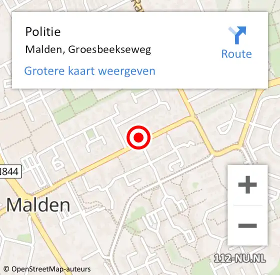 Locatie op kaart van de 112 melding: Politie Malden, Groesbeekseweg op 20 januari 2023 14:28